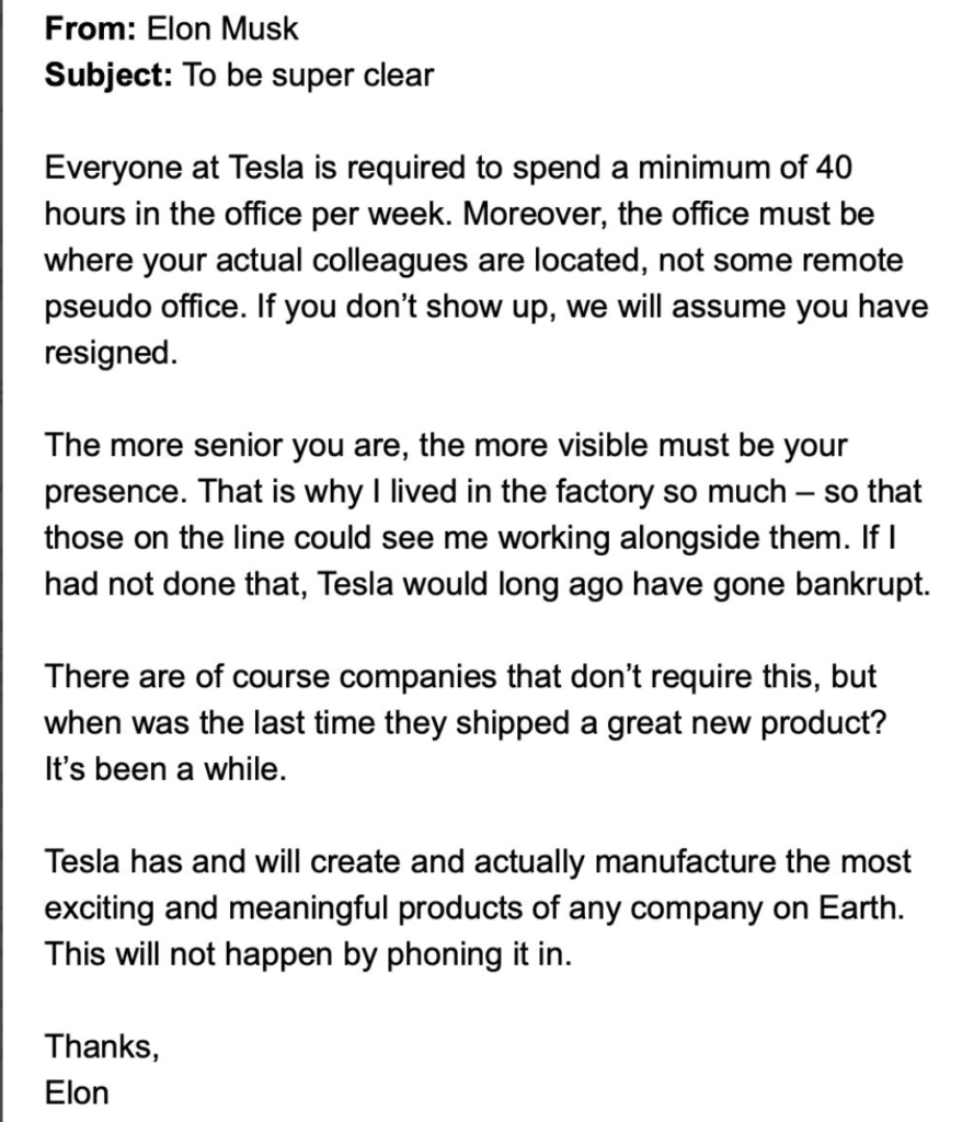 image of elon musk email that spark reaction to tesla employee